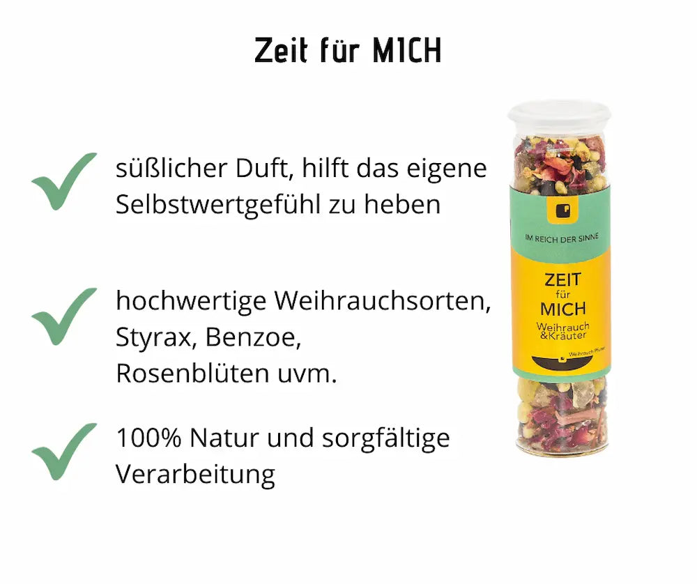 Infografik zu Zeit für MICH Weihrauch & Kräuter im Glas mit süßlichem Duft, hochwertigen Weihrauchsorten und 100% Natur