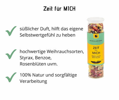 Infografik zu Zeit für MICH Weihrauch & Kräuter im Glas mit süßlichem Duft, hochwertigen Weihrauchsorten und 100% Natur
