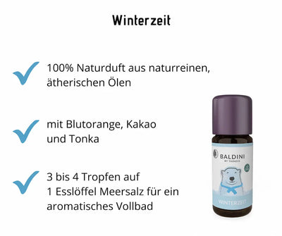 Infografik zum Baldini by Taoasis Winterzeit Naturduft in brauner Flasche mit lila Verschluss, mit Hinweisen zu 100% Naturduft aus ätherischen Ölen, Blutorange, Kakao und Tonka sowie Badeanwendung.