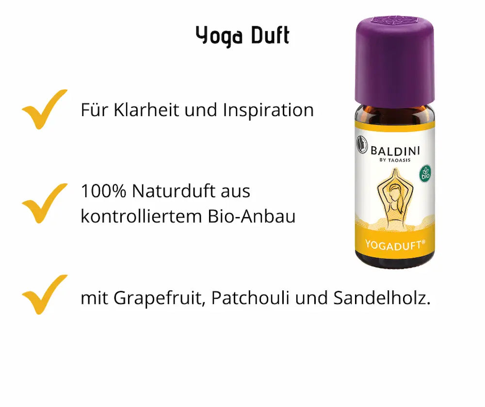 Yoga Duft von Baldini by Taoasis, Braunglasflasche mit lila Deckel und Yoga-Motiv, Infografik mit Hinweis auf 100% Naturduft aus Bio-Anbau mit Grapefruit, Patchouli und Sandelholz