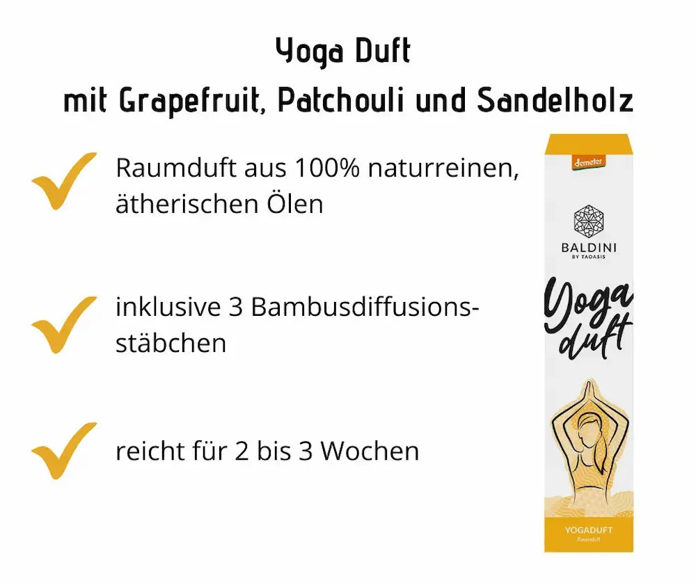 Baldini Yoga Duft Raumduft mit Grapefruit, Patchouli und Sandelholz, 100% naturreine ätherische Öle, inklusive 3 Bambusdiffusionsstäbchen, demeter-zertifiziert