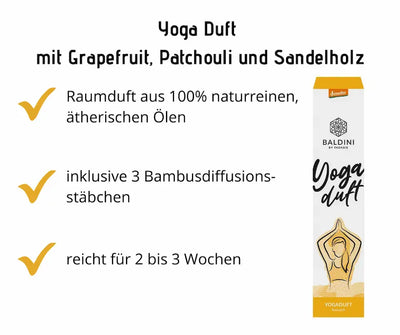 Baldini Yoga Duft Raumduft mit Grapefruit, Patchouli und Sandelholz, 100% naturreine ätherische Öle, inklusive 3 Bambusdiffusionsstäbchen, demeter-zertifiziert