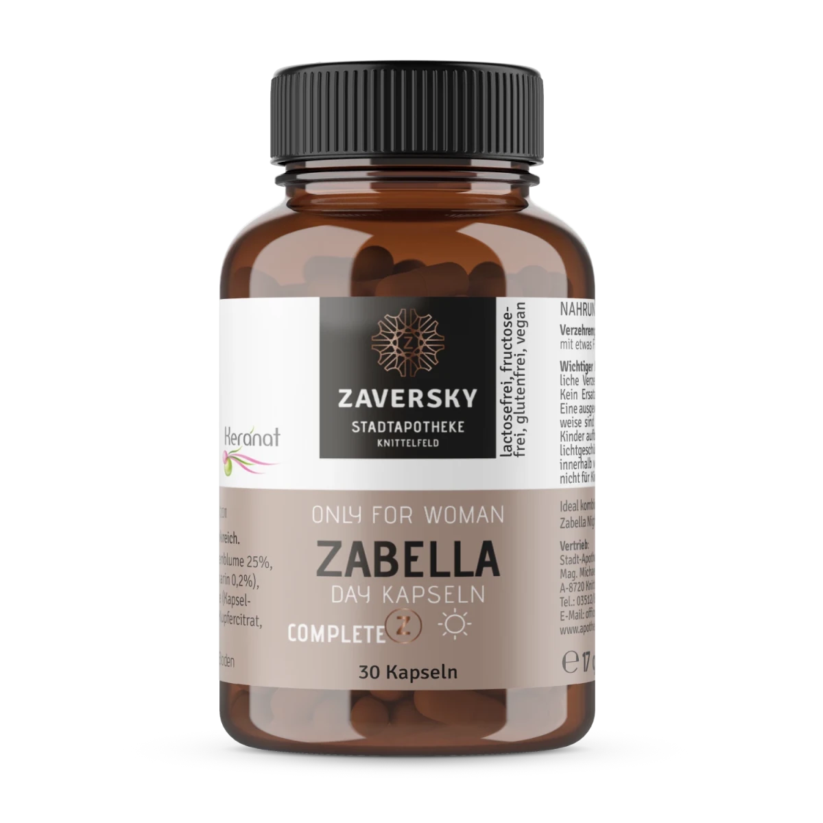Zaversky Zabella Day Kapseln in brauner Glasflasche mit schwarzem Deckel, 30 Kapseln, lactosefrei, fructosefrei, glutenfrei, vegan