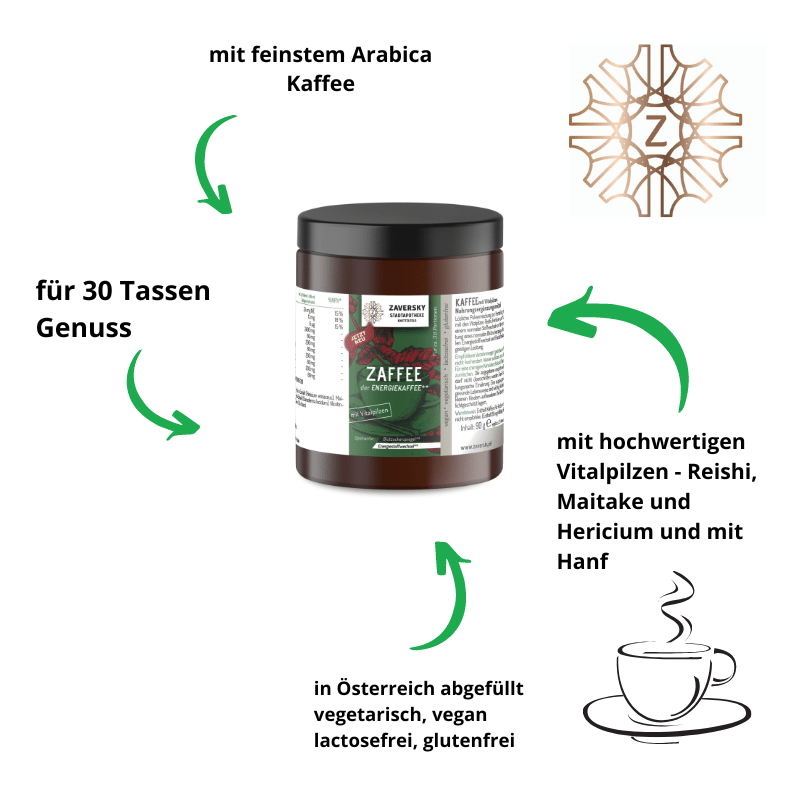 Zaffee - Energiekaffee mit Vitalpilzen für Energie, Vitalität und Nervenstärke - 1 Packung - Nahrungsergänzung - Apotheke Zaversky