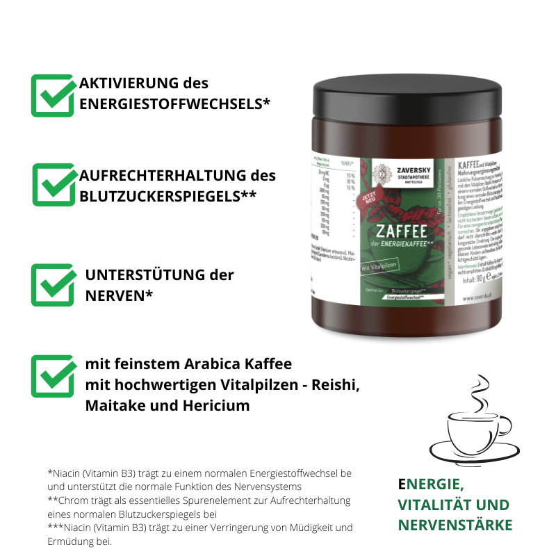 Zaffee - Energiekaffee mit Vitalpilzen für Energie, Vitalität und Nervenstärke - 1 Packung - Nahrungsergänzung - Apotheke Zaversky