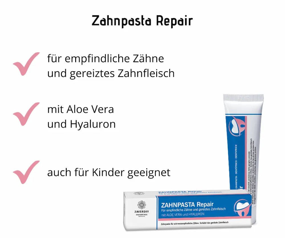 Infografik zur Zahnpasta Repair von Zaversky mit Tube und Verpackung, für empfindliche Zähne, mit Aloe Vera und Hyaluron, auch für Kinder