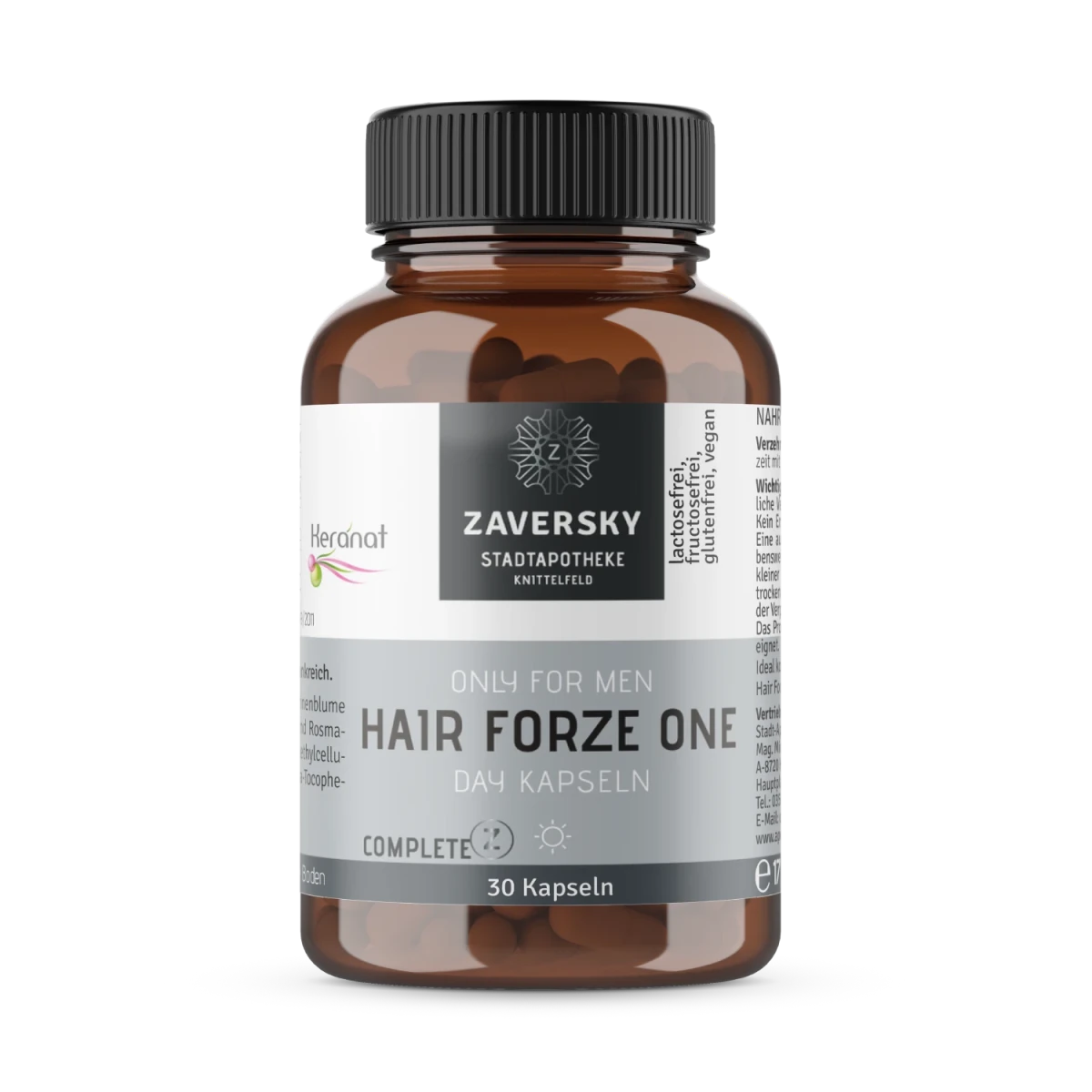Braune Glasflasche Zaversky Hair Forze One Day Kapseln, Only for Men, 30 Kapseln, lactosefrei, fructosefrei, glutenfrei, vegan