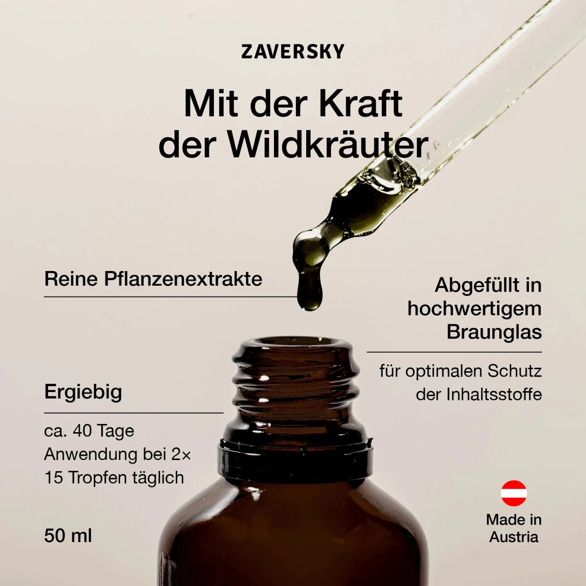 Infografik einer braunen Tropfenflasche mit Pipette und Tropfen, Hinweise zu reinen Pflanzenextrakten, Braunglas und 50 ml, Made in Austria