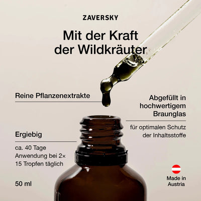 Infografik einer braunen Tropfenflasche mit Pipette und Tropfen, Hinweise zu reinen Pflanzenextrakten, Braunglas und 50 ml, Made in Austria