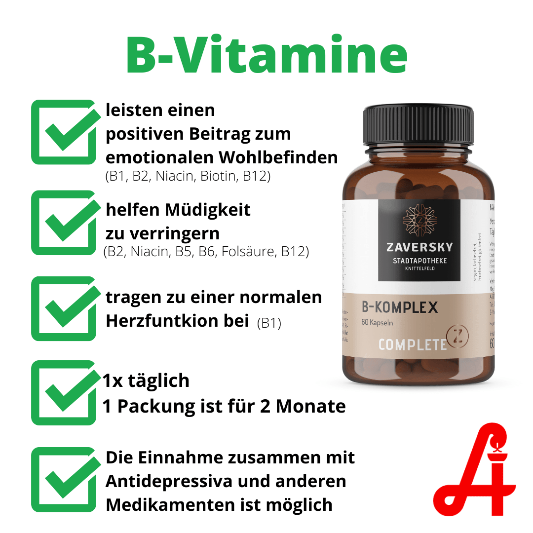 Vitamin B - Komplex - zur Unterstützung des Nervensystems - 60 Stück für 2 Monate - Nahrungsergänzung - Apotheke Zaversky