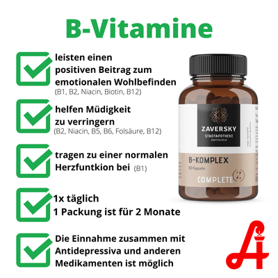 Vitamin B - Komplex - zur Unterstützung des Nervensystems - 60 Stück für 2 Monate - Nahrungsergänzung - Apotheke Zaversky